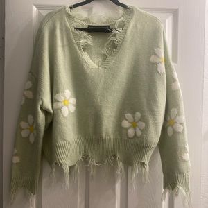 Polly and Esther light green floral sweater with fringe